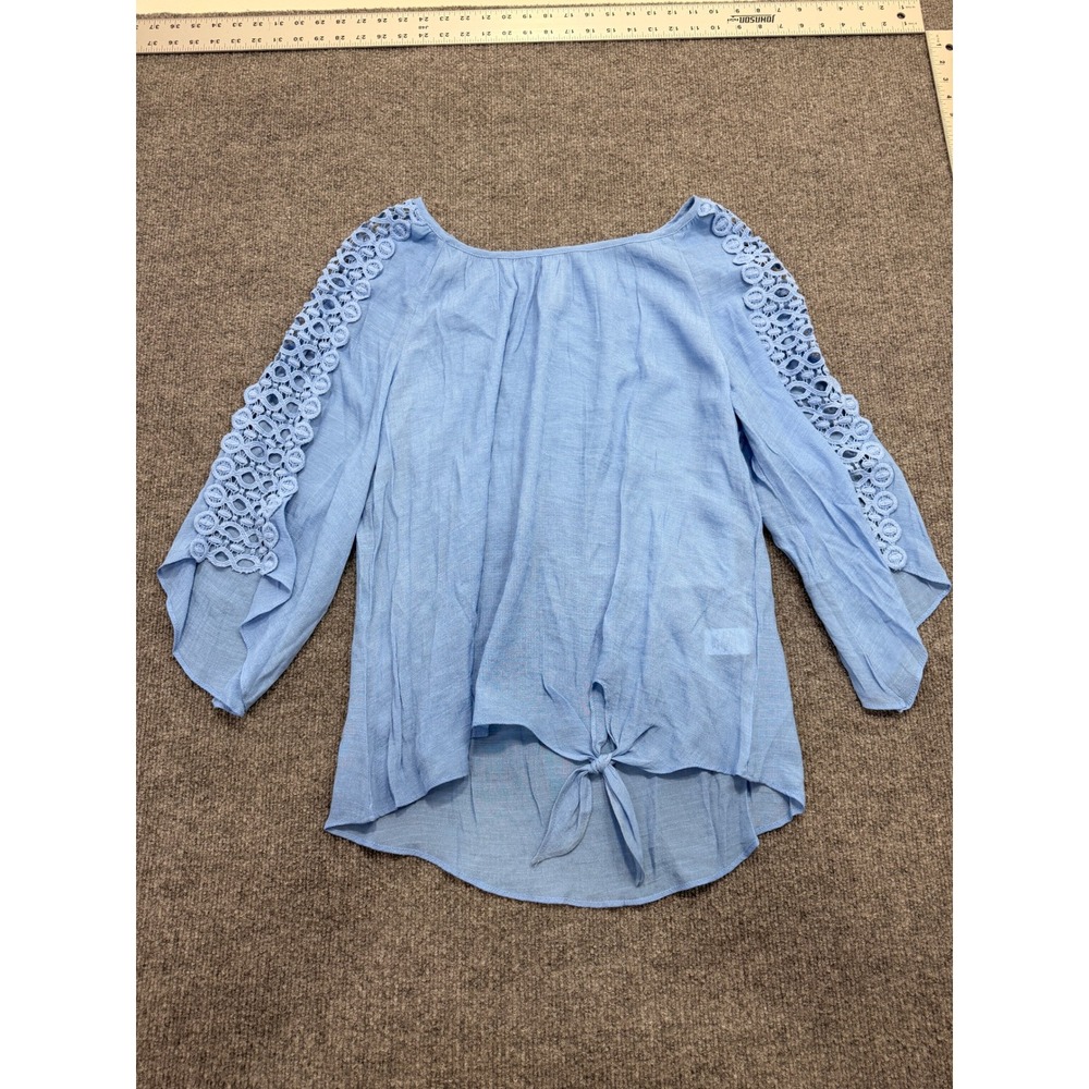 PerSeption Concept Lace Trim Blouse Womens L Blue Crochet Sleeve Front Tie Top - Picture 7 of 9